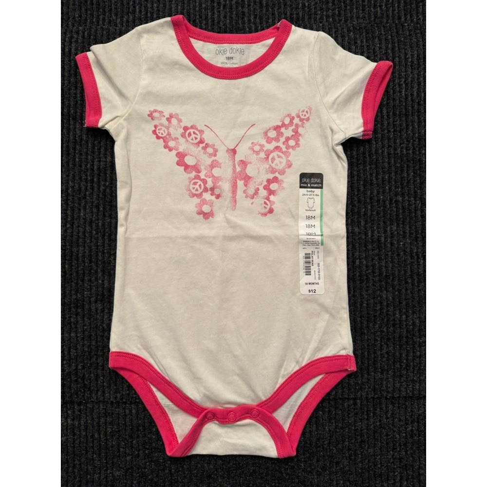 Okie Dokie Baby Girl Bodysuit 18 Months NWT White Pink Butterfly Peace Flower
